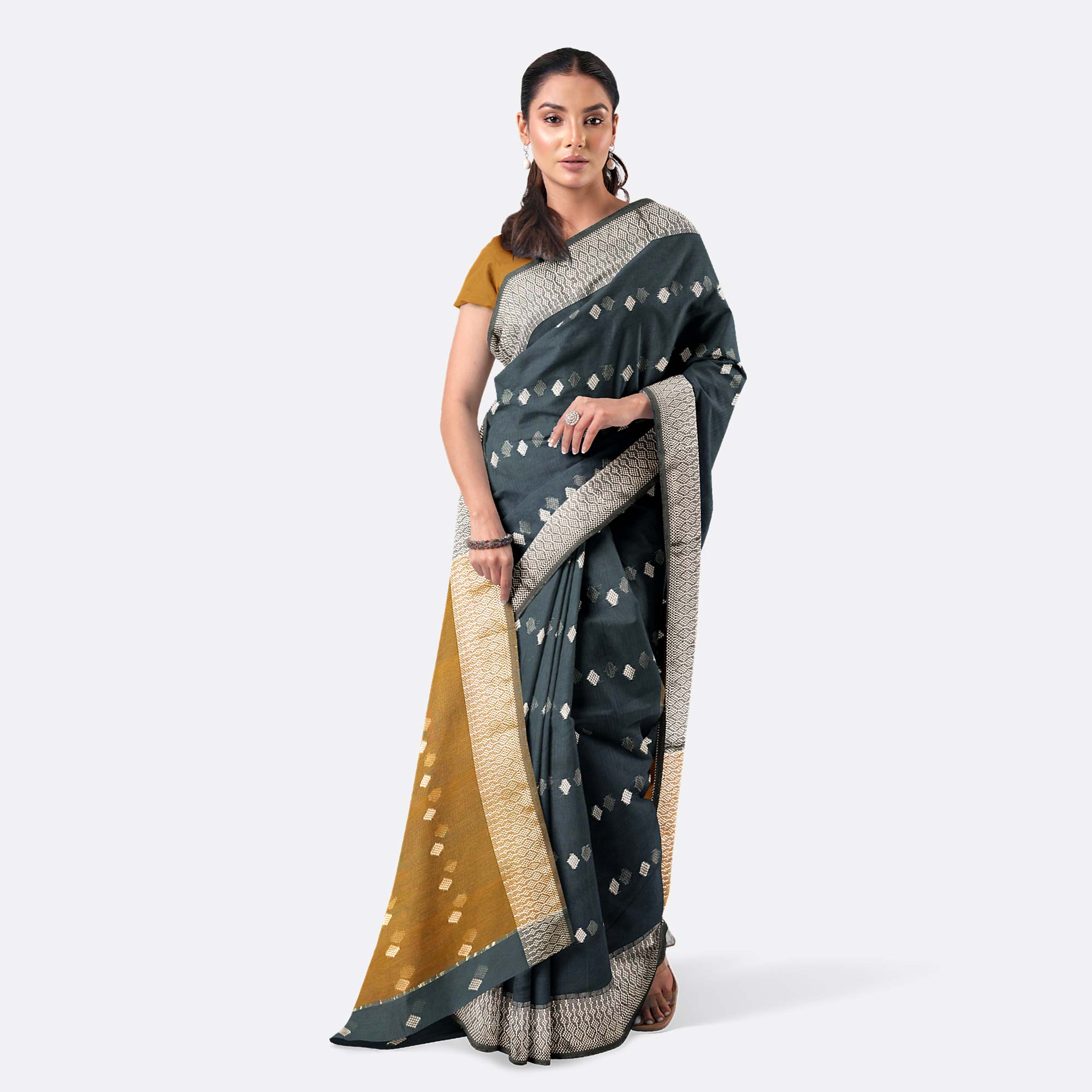 Lotus Green & Metallic Gold Half Silk Saree